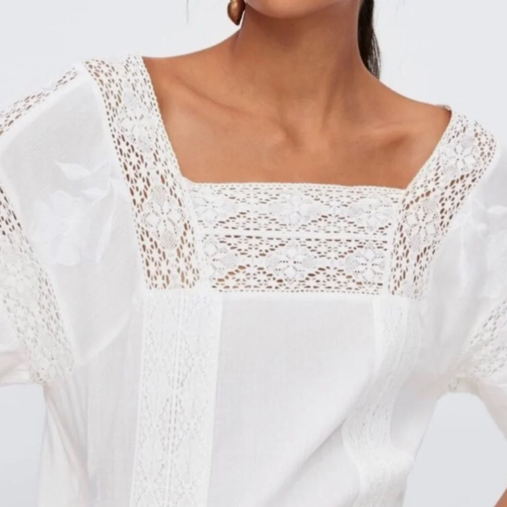 Zara White Embroidered Lace Trim Dress with Side Vents - Picture 9 of 15